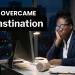 Procrastination image - young businesswoman, in business suit, looking bored while working at his desk during late night at work.