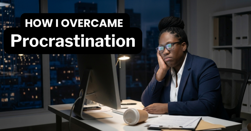 Procrastination image - young businesswoman, in business suit, looking bored while working at his desk during late night at work.